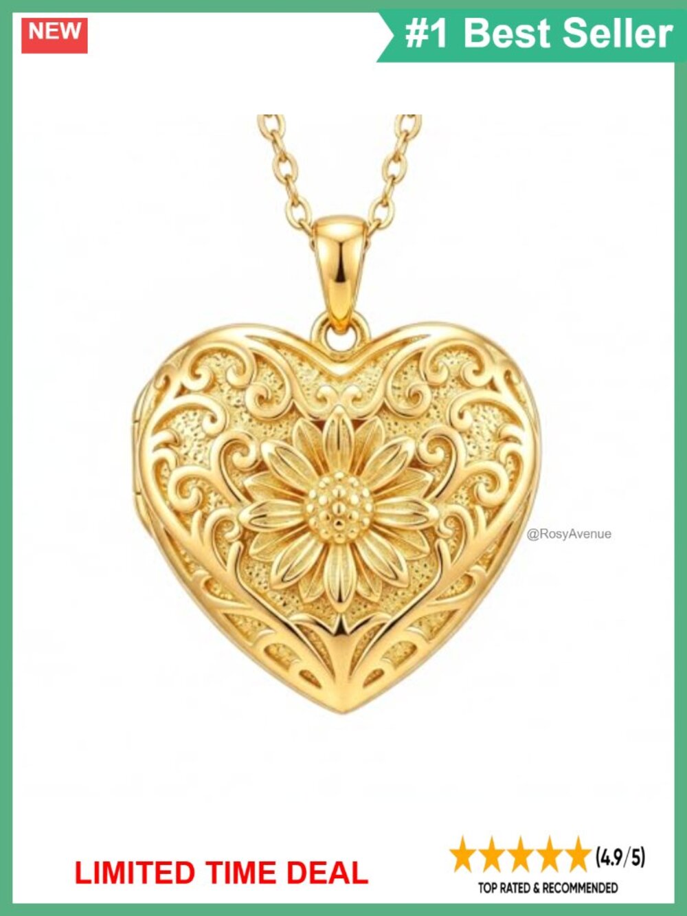 Heart Locket Necklace Holds Pictures Gold Plated Sunflower for Women Mom